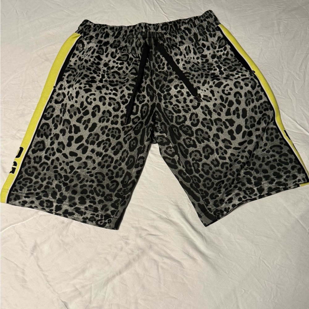 Dolce & Gabbana Gray Leopard Print Shorts with Yellow Stripes
